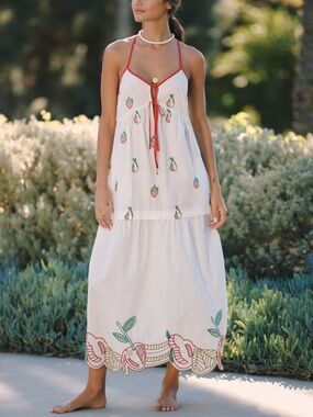White Embroidered Maxi Cover-Up Dress with Red Trim